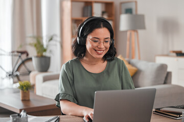Happy, remote work and woman with a laptop for call center communication and consultation. Smile,...