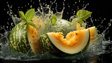 Naklejka na ściany i meble fresh cut water melon splashed with black background and blur
