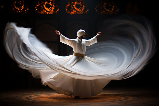 the spiritual practice of Sufi whirling, with dervishes dressed in flowing white garments, spinning in a meditative dance of devotion and transcendence. Generative AI