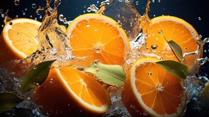 flying fresh orange splashed with water on black background and blur