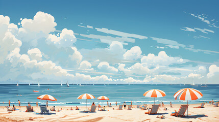 Obraz premium seascape view wind wave midday blue sky sea sandy beach orange umbrella Summer concept, cartoon with relaxing Crowd on the beach, Generative AI