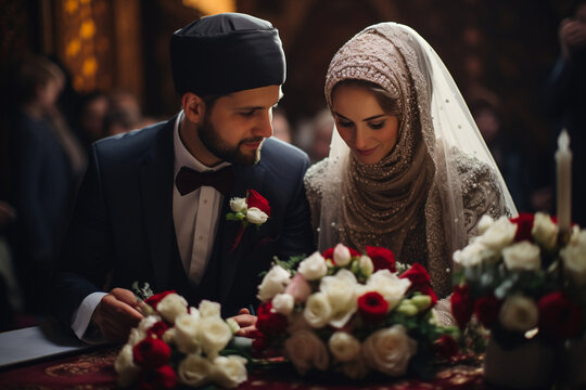 the rituals and traditions of Muslim weddings, such as the signing of the marriage contract, the exchange of rings, and the celebratory feast. Generative AI