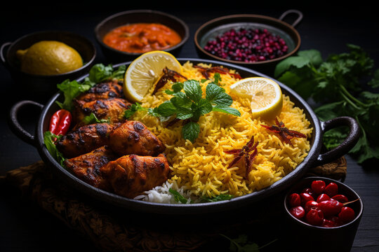 the vibrant colors and flavors of Islamic cuisine, showcasing traditional dishes from different regions, such as biryani, couscous, kebabs, or baklava. Generative AI