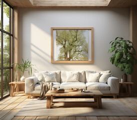 A living room of a beautiful bright modern Scandinavian style house with large windows opening, generative AI	
