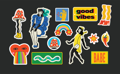 Groovy hippie love stickers set. Comic happy retro girls, geometric stickers, characters in trendy retro 60s 70s cartoon style. Vintage vector illustrations.