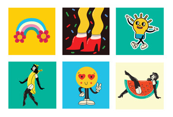 70's groovy square posters, cards or stickers. Retro print with hippie cute colorful funky character concepts of crazy geometric, dripping emoticon. Only good vibes sentence