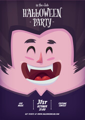 Halloween vertical background with cute Dracula. Invitation or banner where cute dracula smiles.