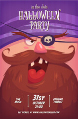 Halloween vertical background with cute pirate. Blindfolded pirate with open mouth and big beard.