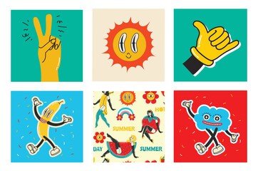 70's groovy square posters, cards or stickers. Retro print with hippie cute colorful funky character concepts of crazy geometric, dripping emoticon. Only good vibes sentence