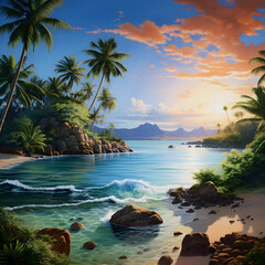A beautiful view of the sunset on a beach screen with coconut trees. Generated Ai