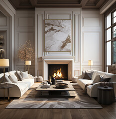 Mock up poster in modern home interior with fireplace, Scandinavian style, generative AI