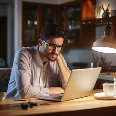 Tired young businessman working at home using lap top and looking Anxious stock photo