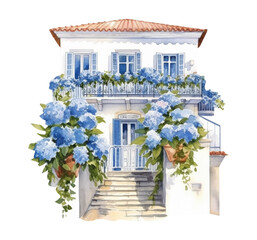 Watercolor cute house with blooming hydrangea flowers, portugal village house png. Generative Ai.	
