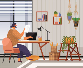 Home office. Interior vector illustration. Work from home. Well designed home office for remote work Home office provides a dedicated workspace within the comfort of home Office area is thoughtfully