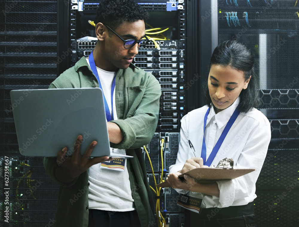 Poster Technician, programmer and laptop with clipboard, server room or digital software with check security, system update or connect. Staff, man or woman with technology, network safety or secure internet
