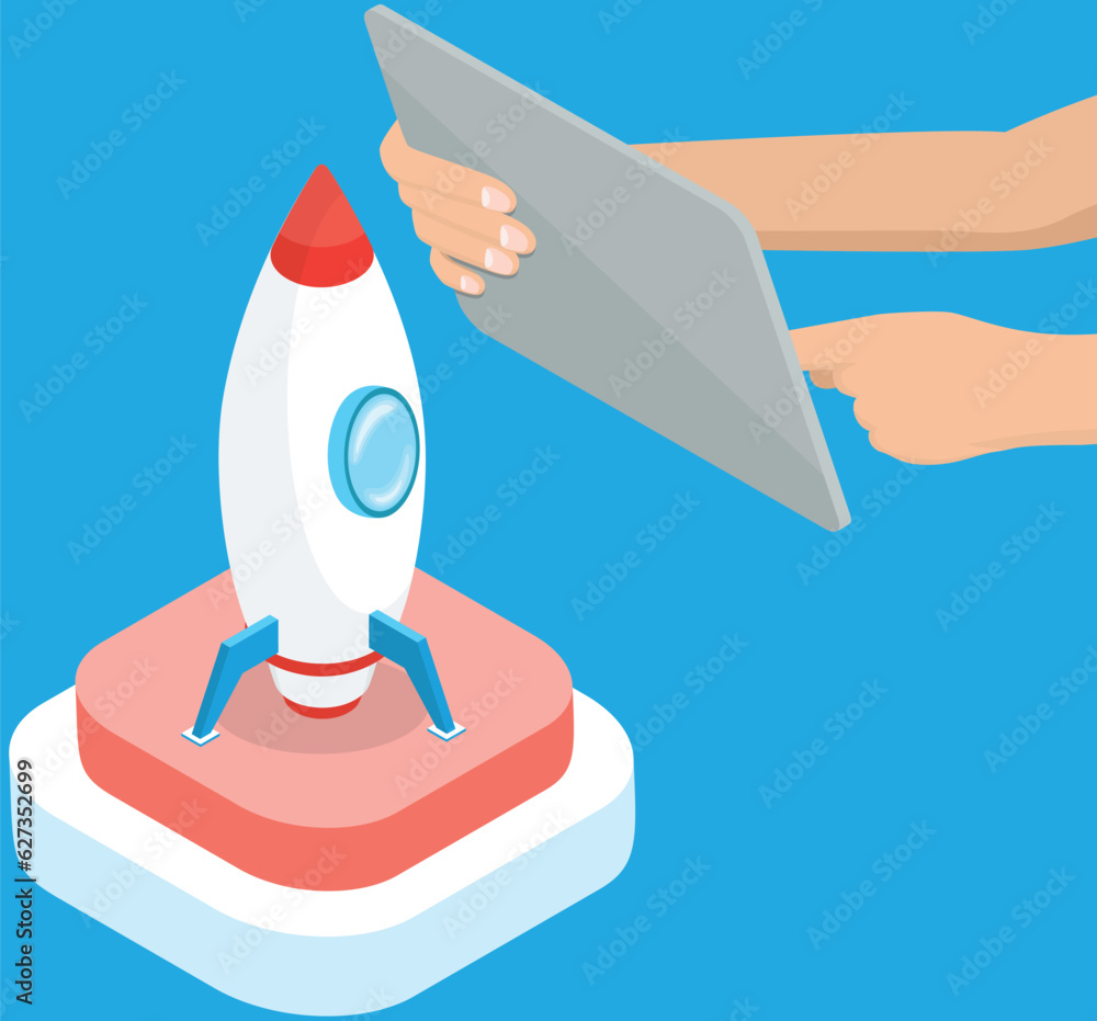 Poster rocket launch, startup color icon, spaceship flies up computer controlled. project start up and deve