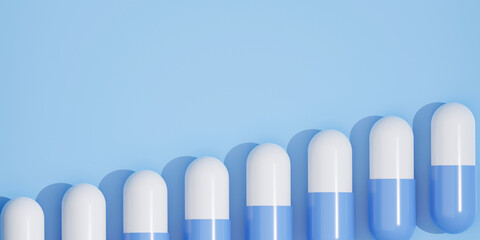 Medicine tablet pills on blue background. 3D Rendering. Medical Harmful Concept. Dangerous drugs. Empty space for text.