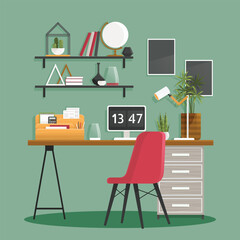 Home office interior. Vector illustration. Working at home, coworking space Working at home office Creative office desktop workspace Empty workplace, Desk chair computer workspace office No people