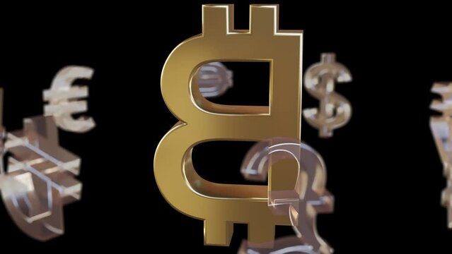 Bitcoin sign and rotating Yen, Dollar, Bitcoin, Euro, Pound,  Won, Rupee, Peseta Currencies symbols on black background.3D Illustration Video. Currency value, exchange and economy concept.