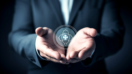 He holds a plus sign, symbolizing the virtual meaning of life.