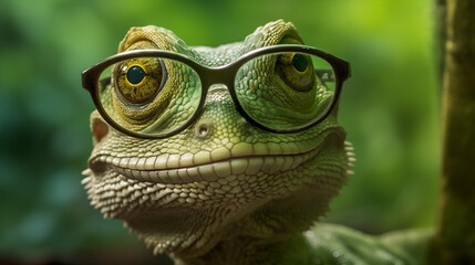 Fototapeta premium green close-up reptile wildlife glasses scale iguana animal portrait lizard. Generative AI.