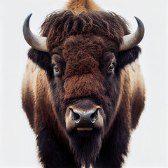 Adult bison portrait isolated on a white background. Generative AI. 