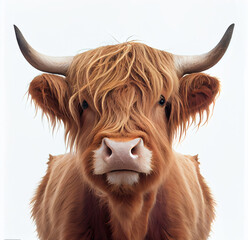 Adult Scottish Highland Cow portrait isolated on a white background. Generative AI. 