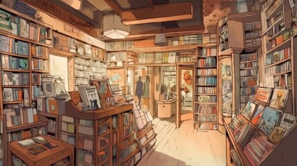 Comic book store with warm and inviting earthy tones. Generative AI.