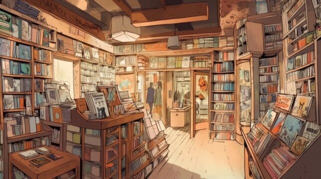 Comic book store with warm and inviting earthy tones. Generative AI.