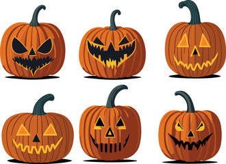 Halloween pumpkins, funny faces, scary faces, angry faces, smiling faces. Autumn holidays. Vector illustration