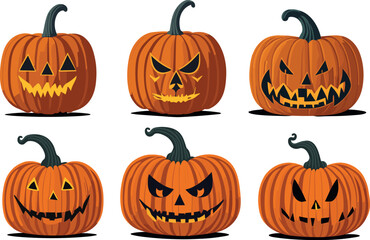 Halloween pumpkins, funny faces, scary faces, angry faces, smiling faces. Autumn holidays. Vector illustration