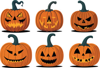 Halloween pumpkins, funny faces, scary faces, angry faces, smiling faces. Autumn holidays. Vector illustration