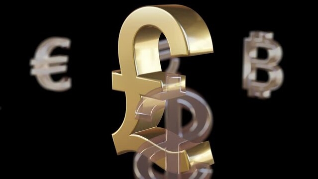 Pound Sterling sign and rotating Yen, Dollar, Bitcoin, Euro, , Won, Rupee, Peseta Currencies symbols on black background.3D Illustration Video. Currency value, exchange and economy concept.