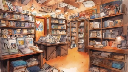 Comic book store with warm and inviting earthy tones. Generative AI. - obrazy, fototapety, plakaty