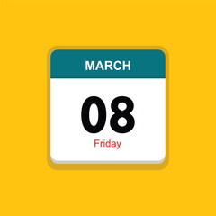 friday 08 march icon with black background, calender icon