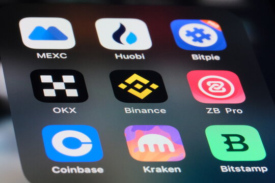 Shanghai,China-July 25th 2023: Binance, OKX, MEXC, Houbi, Coinbase, Bitpie, Kraken, ZB, Bitstamp app icons. Assorted cryptocurrency exchange platform company logos