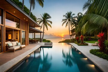 Obraz premium pool at sunset Generated Ai