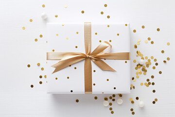 A luxury white gift box present wrapped with gold ribbon and golden glitter