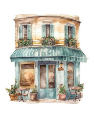 Fototapeta na wymiar Watercolor house clipart cute town cafe, Generative AI, png image.