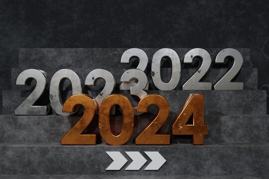 new year concept. 3d rendering, text 2024 on concentrate floor. motivation in the future. 