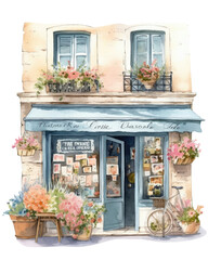Watercolor house clipart cute town, flower shop,  Generative AI, png image. 