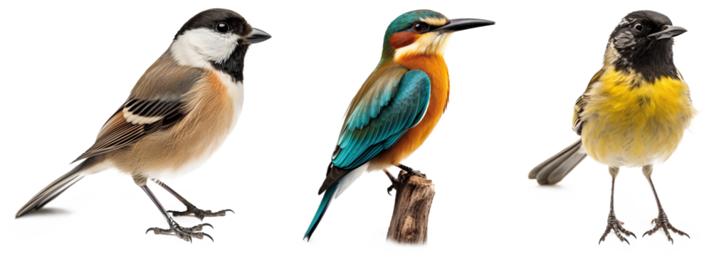 Collection of the most common European birds isolated on transparent background 