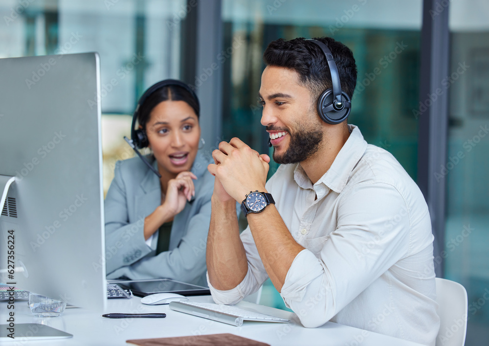 Poster business man, call center talk and web support staff at a computer in a office. phone conversation, 