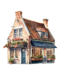 Watercolor cute brick house clipart, Generative AI, png image. 
