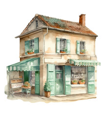 Watercolor house clipart cute town, vegetable market, Generative AI, png image. 