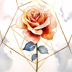 Watercolor rose with gold lines and geometry  frames