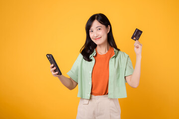 Embrace the ease of mobile shopping with an enchanting young Asian woman in her 30s, wearing orange shirt and green jumper, using smartphone while displaying credit card on yellow studio background."