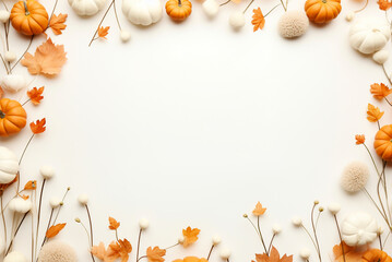 Autumn composition with leaves, pumpkins, flowers, berries flat lay. Generative AI