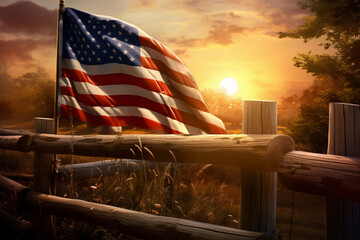 A peaceful countryside scene with the USA flag draped over a wooden fence Generative AI - obrazy, fototapety, plakaty