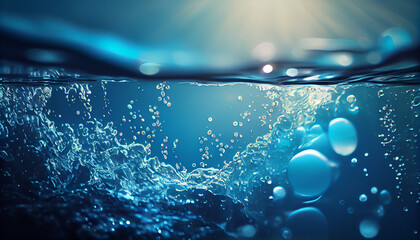 Water surface texture with bubbles and splashes that is defocused blurring transparent blue in color. Trendy abstract background of nature. The sea ripples in the sunlight Ai generated image